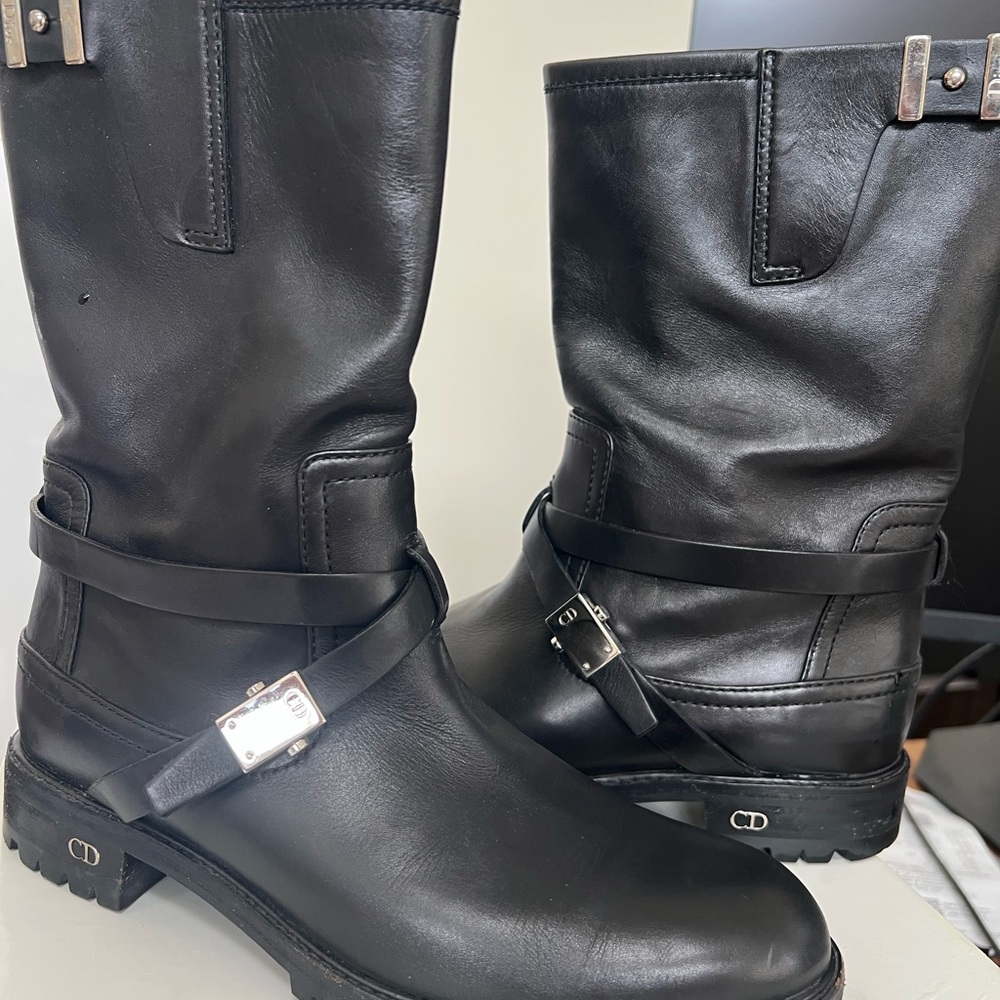 Christian Dior Black Leather  Moto Boots with Silver Hardware 38.5 Italy Perfect